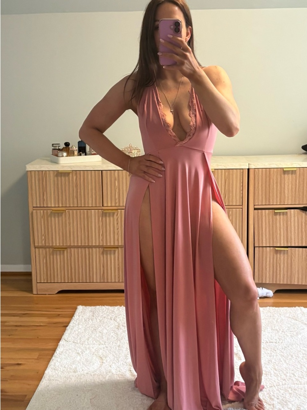 Fashion Nova Rose Plunge Maxi Dress with High Slits